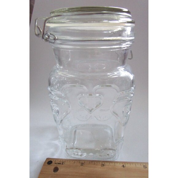 Vintage Retro Clear Canister Pressed Glass - Metal Wire Bail - Mason Jar Hearts - Picture 14 of 16